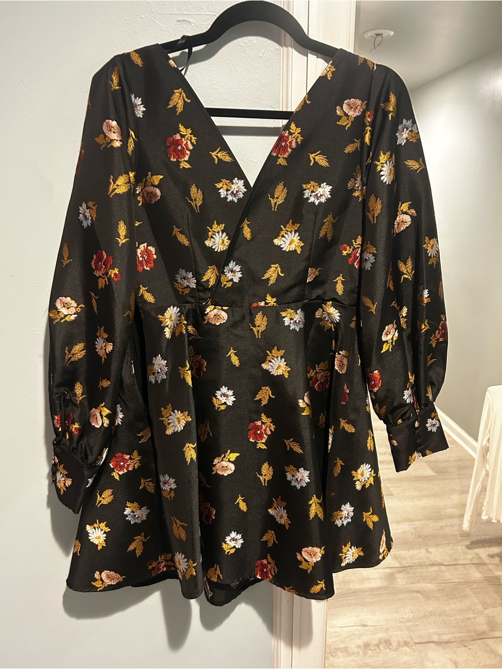 Anthropologie Black Floral Mini Dress with V-Neck